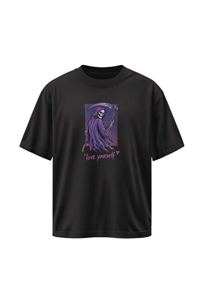 buzagi tasarım ürünleri Love Yourself Unisex Oversize Black T-Shirt
