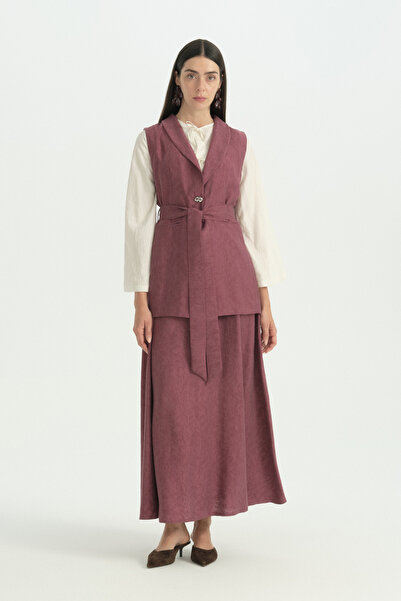 Nihan Belted Shawl Collar Lyocell Vest - Plum