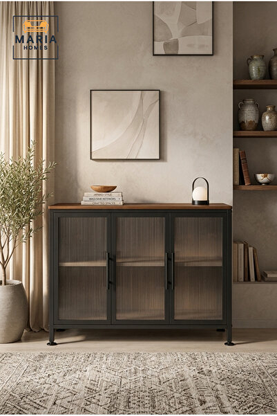 MARIA HOMES Industrial Metal Sideboard Cabinet with Fluted Glass Doors – Mode...