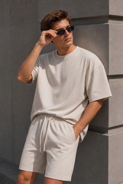 MADZEYMODA Muška premium prugasta bež majica i šortsevi od Oysh tkanine, set ...