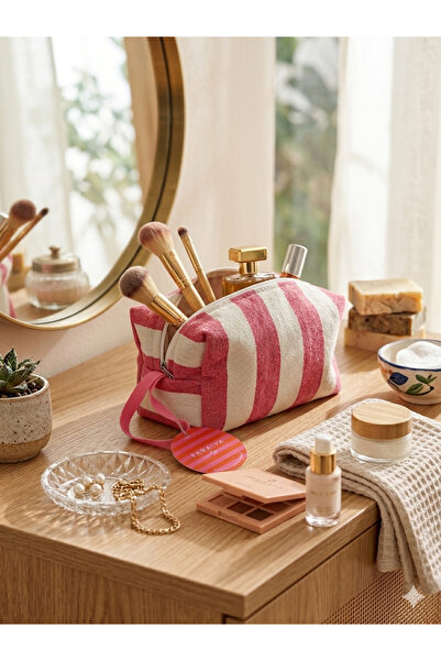 Faralya Life FaralyaLife Çizgili Kulplu Fermuarlı Pembe Çizgili Makyaj Çantası 20x20 cm %70 Pamuk %30 Polyester Kozmetik Kadın Makyaj Çantası