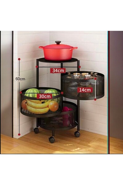 OEM Organizator mobil de bucatarie cu trei cosuri rotative pentru depozitarea fructelor si legumelor, negru