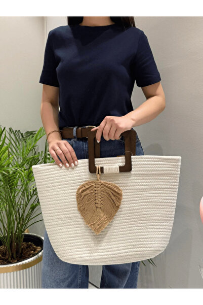 AngelsAccessories Τσάντα Χειρός με Ξύλινες Λαβές & Αποσπώμενο Charm Μακραμέ