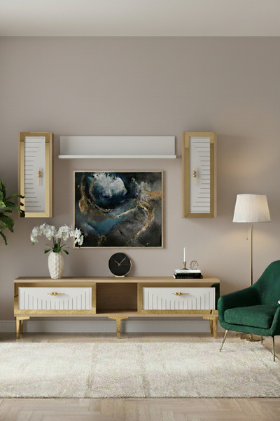 cnyr TVR1501DBG TUNA TV ÜNİTESİ TAKIMI SAFİRMEŞE-BEYAZ-GOLD 150CM
