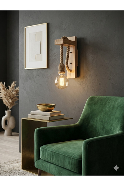 Neon Modern Wooden Wall Sconce with Vintage Hemp Rope - Classic Rustic Wall L...
