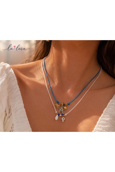La Lara Charm Kolye – Deniz Yıldızı, Nazar Boncuğu ve Deniz Kabuğu Figürlü Ço...