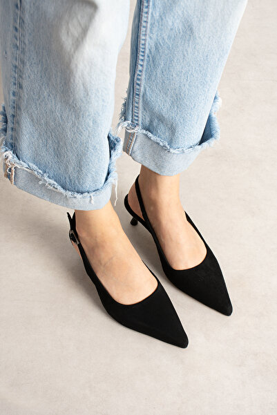es exello Bella Open Back 4 cm Black Suede Stiletto