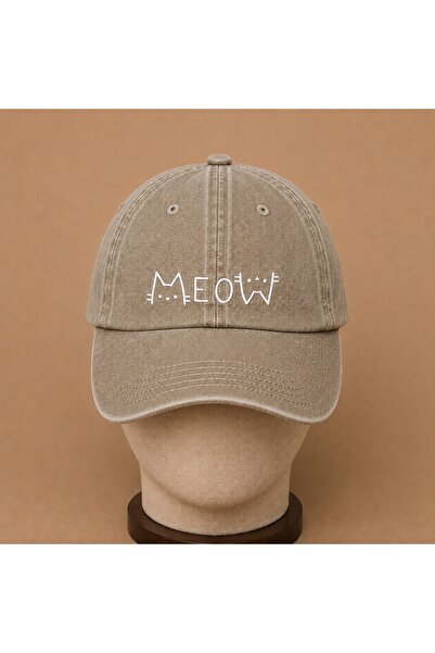 WeavedCo Embroidered Vintage Washed Cap with Meow Cat Figure