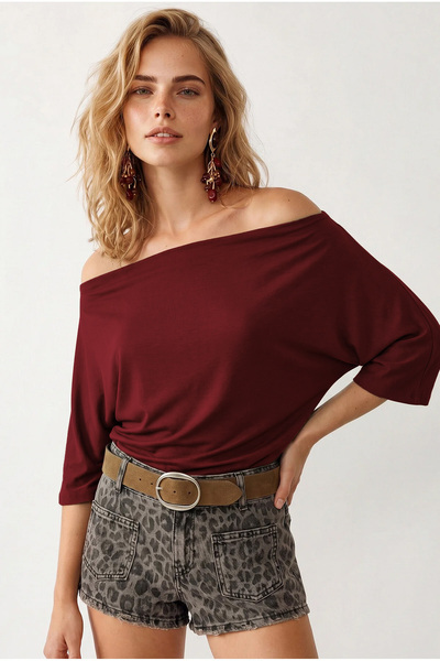 Olalook Women's Burgundy Degaje Collar Draped Viscose Blouse Blz-19003308