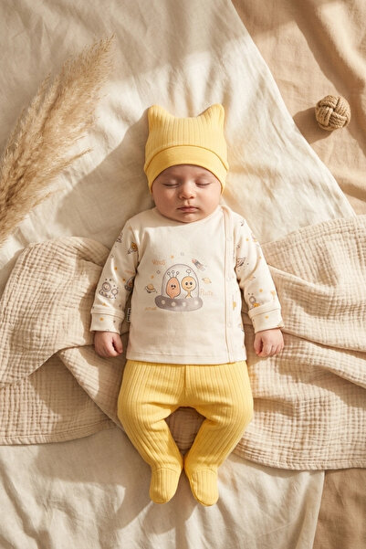 Generic Brand Cotton 3-Piece Baby Set 0-3 Months Yellow Ribbed Booties Bottom...