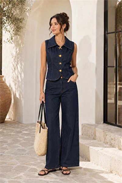 Neşeli Butik Women's Navy Blue Button Detailed Denim Vest Wide Leg Pants Set ...
