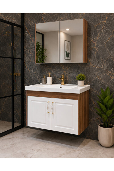 nata Banyo 80 Cm MDF Gövdeli Ceviz Beyaz Banyo Dolabı Takımı