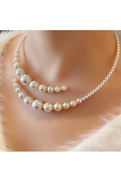 CRM Colier elegant de damă, tip Torques deschis, rigid, cu perle simulate alb...