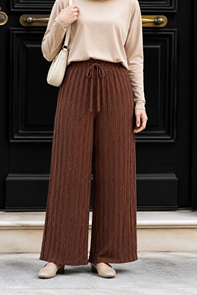 İmajButik Brown Elastic Waist Wide Leg Seersucker Trousers