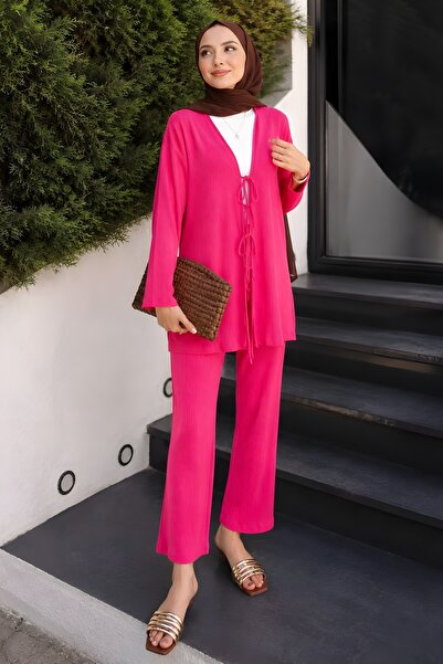 İmajButik Fuchsia Front Tie Kimono Pants Set
