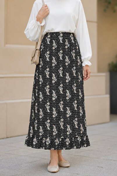İmajButik Black Patterned Viscose Skirt with Elastic Waist