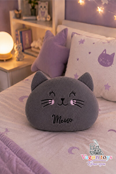 vagontoys Sevimli Gri Kedi Peluş Yastık Yumuşak Dekoratif Kedi Yastığı - 35x3...
