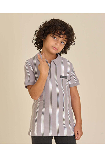 REDTAG Boys Grey Striped Polo Shirt
