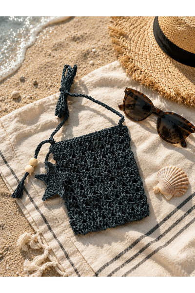 CHANCE GİFT Straw Hand-Knitted Mobile Phone Bag Women's Wallet Makeup Bag Suitable for All Phones with Drawstring Strap