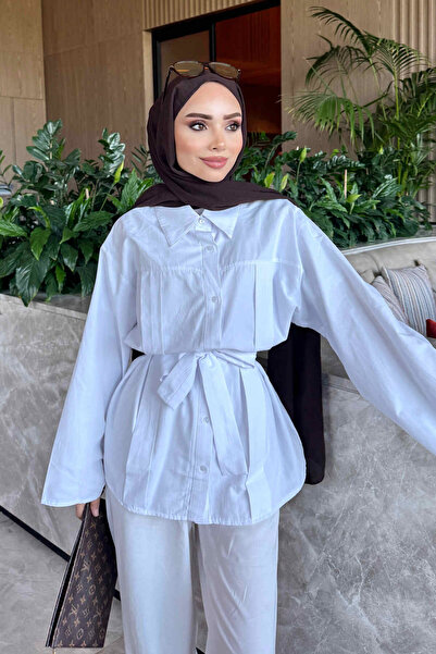 İmajButik White Wide-Sleeve Belted Shirt