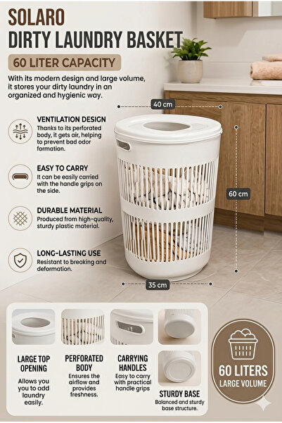 Mira Home Coș de rufe rotund din plastic de 60L cu mânere