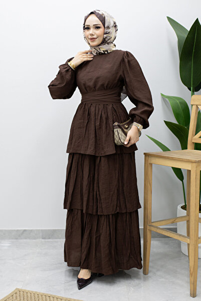 Tesettür Dünyası Tie Waist Layered Dress Tsd260239 Brown