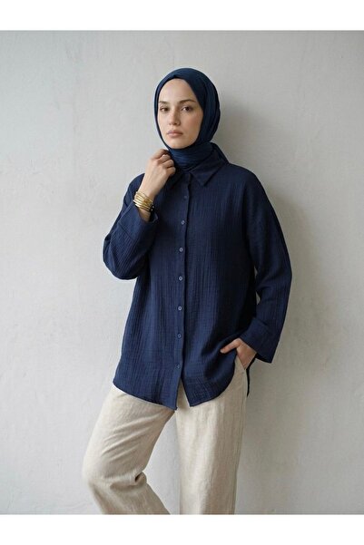 Lunsera Store Double Sleeve Muslin Shirt-Navy Blue
