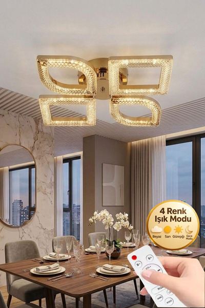 Lüxev Lighting Vesta Model Gold 4"lü Kumandalı Ledli 3 Renk Modu Kristal Mutf...