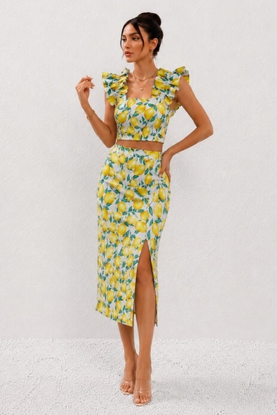 FashionForYou Καθημερινό λεμονί σύνολο, φούστα και κροπ τοπ με βολάν της ORLI...
