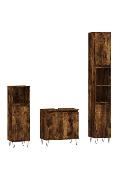 vidaxl Set de mobilier de baie din 3 piese, stejar afumat, lemn prelucrat