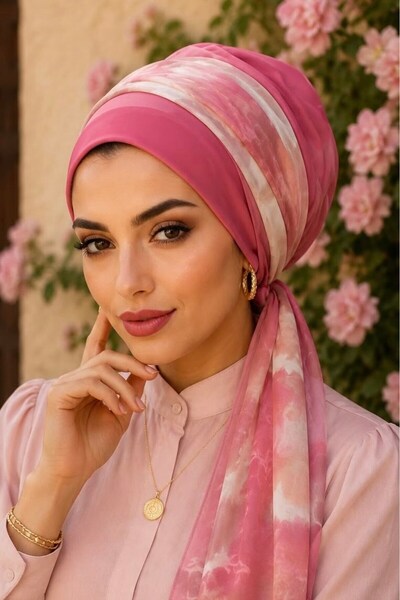 Aişe tesettür Dried Rose Powder Patterned Scarf Bonnet