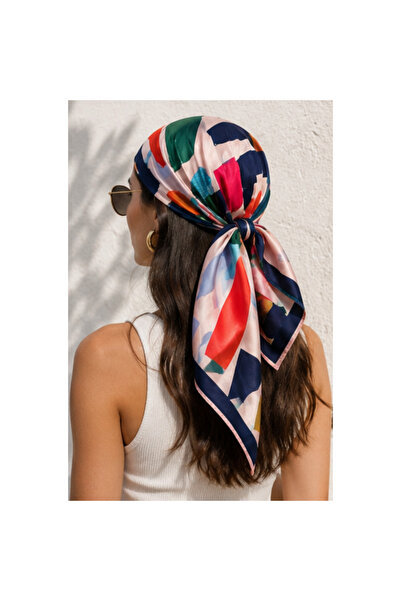 elden co Geometrik Renkli Saten Fular / Bandana / Saç Eşarbı 70x70 cm