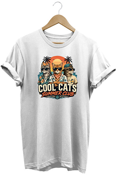 remonz Cool Cats Summer Club Unisex Cat Printed Summer Themed Regular Fit Cre...