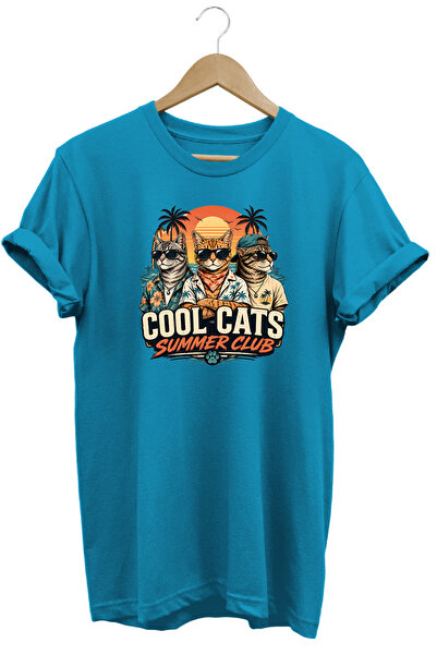 WİDİ تي شيرت Cool Cats Summer Club للجنسين مطبوع عليه قطة بتصميم صيفي عادي وي...