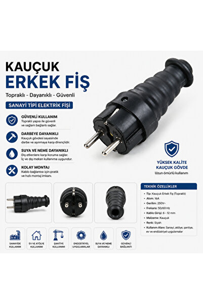 VİKO Kauçuk Erkek Fiş Topraklı Dayanıklı Elektrik Fişi Sanayi Tipi Siyah