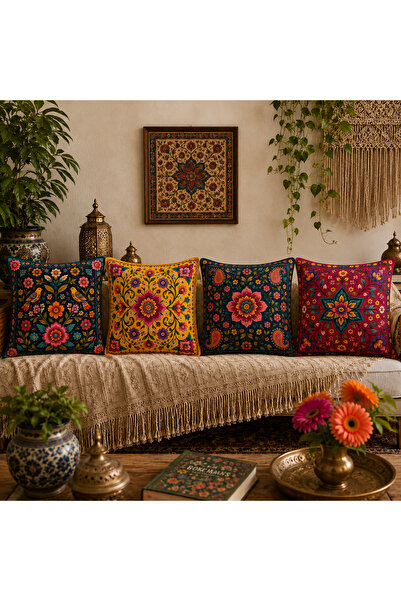 LadiesHome Colorful Bohemian Ethnic Floral Patterned 4-Piece Throw Pillow Cov...