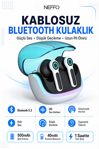 NEFFO RGB Led Işıklı Bluetooth 5.3 Ultra Düşük Gecikmeli Gürültü Önlemeli Gam...