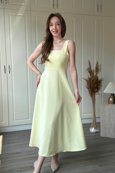 Dilay Gökoğlu Butik Elegant Square Neck Midi Flared Dress with Straps
