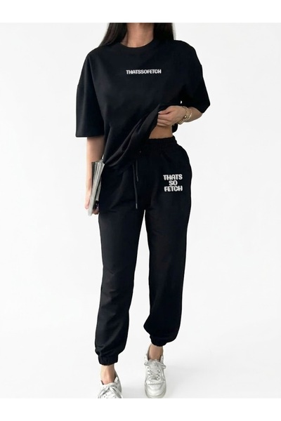 EFFRENATU Plus Size Women's Black Set – Oversized T-Shirt with Butterfly Prin...