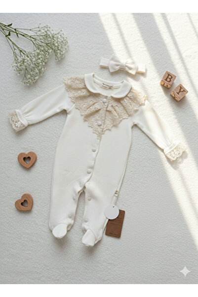 Miray baby kids Kız Bebek Ekru Dantel Detaylı Bebek Yaka Tulum ve Saç Bandı T...