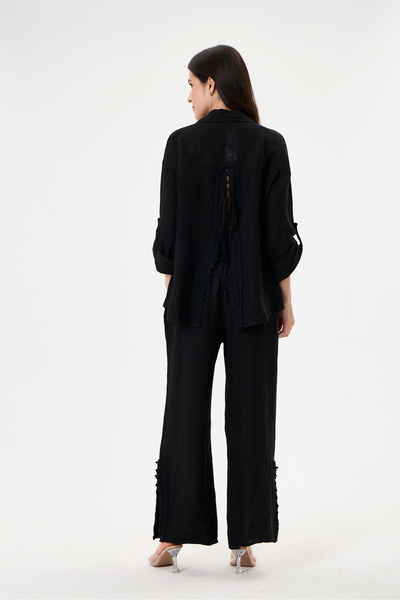 della moor Women's Black Italian 100% Linen Lace Back Low-Cut Top and Bottom ...