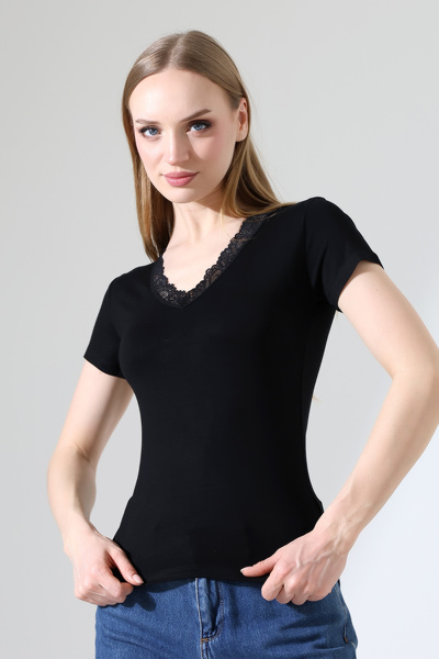 ModaPlaza Women's V-Neck Collar Lace Short Sleeve Badi 22268