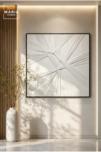 MARIA HOMES Modern White Geometric Textured Wall Art with Black Frame – Minim...
