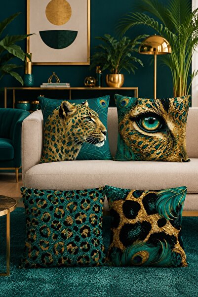 EVPANYA Leopar Sanatı Desenli 4'Lü Kırlent Kılıfı Seti