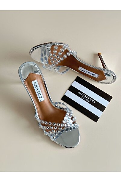 NEW Aquazzura Embellished Tequila Mules 75 Silver For womens
