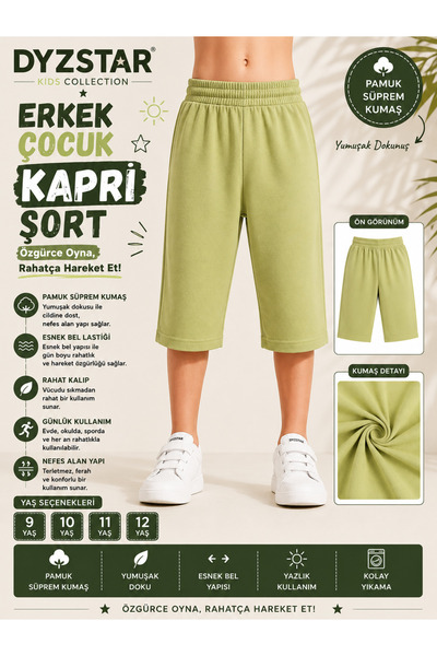 DYZSTAR Erkek Çocuk Pamuk Süprem Kapri Şort Açık Avokado Yeşili 9-10-11-12 Yaş