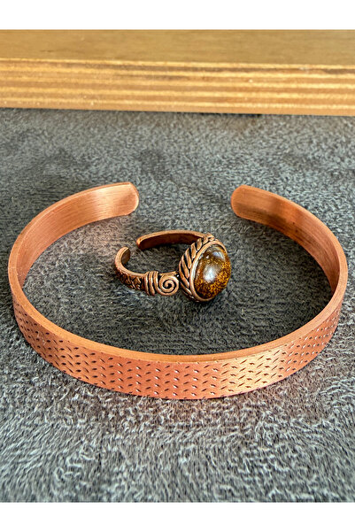 Rupen Kraft Handcrafted copper bracelet and natural stone ring set, adjustabl...