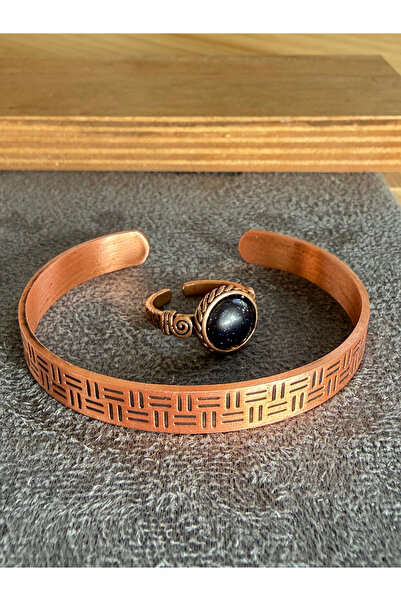 Rupen Kraft Handcrafted copper bracelet and natural stone ring set, adjustabl...