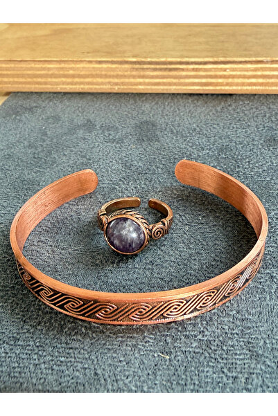 Rupen Kraft Handcrafted copper bracelet and natural stone ring set, adjustabl...