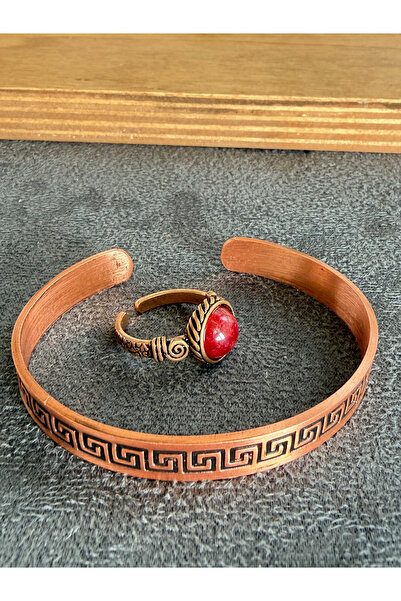Rupen Kraft Handcrafted copper bracelet and natural stone ring set, adjustabl...